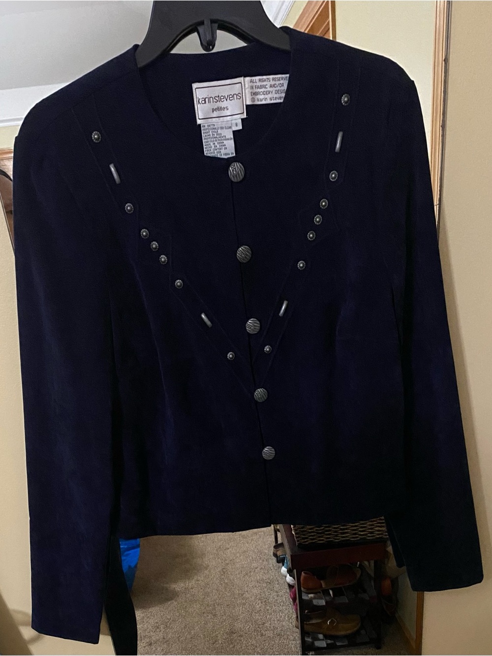karin stevens black suede button-front jacket with stud accents